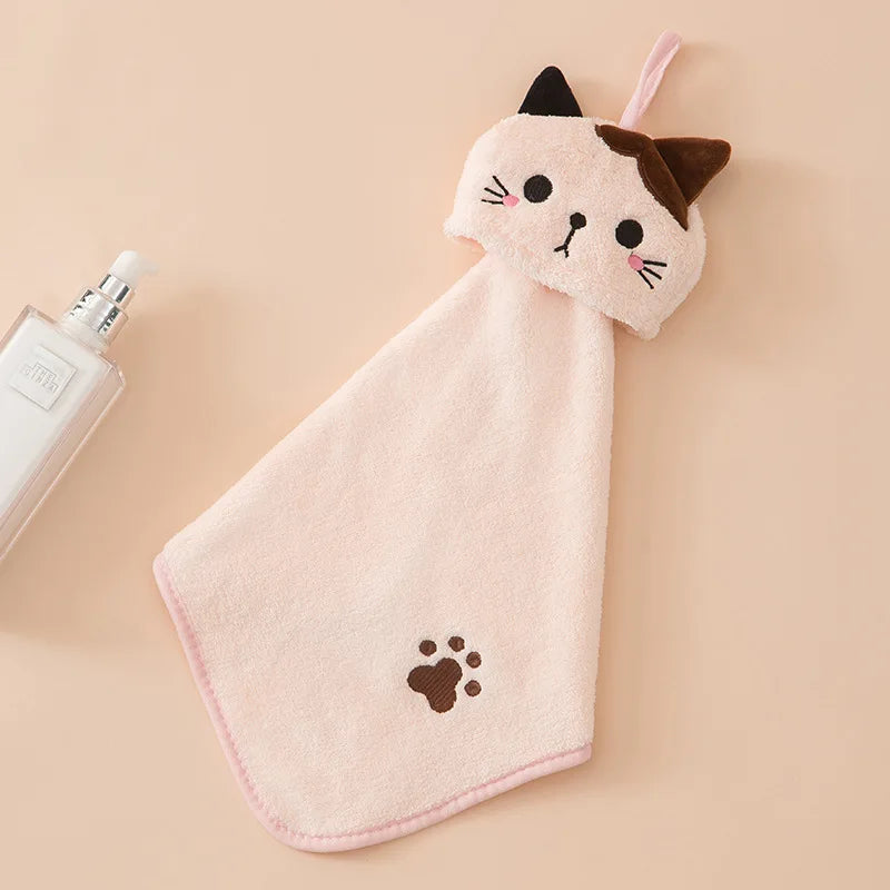 Afralia™ Cartoon Cat Hand Towel: Thick Coral Velvet Towel for Kitchen & Bathroom