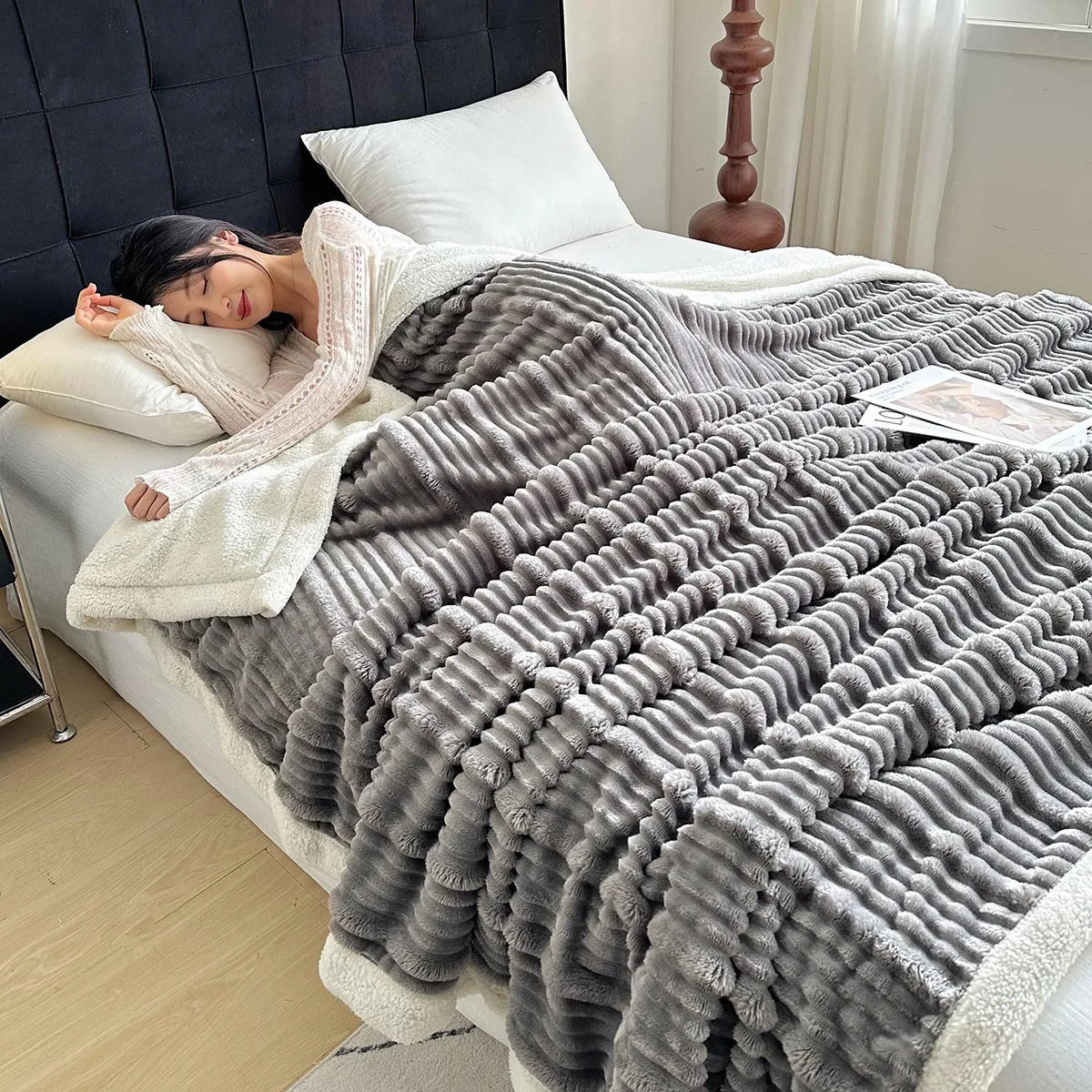 Afralia™ Cozy Lamb Wool Plush Blanket for Adults: Soft, Thickened, Multi-Use Ribbed Shawl
