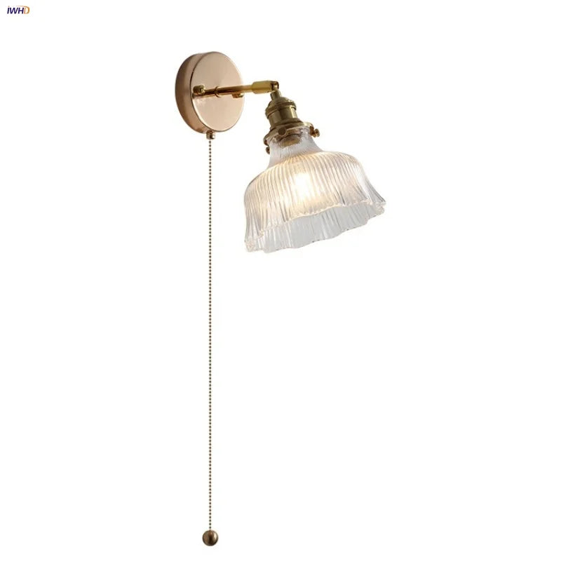 Afralia™ Glass Rotate Copper Wall Sconce | Pull Chain Switch LED Light Fixture