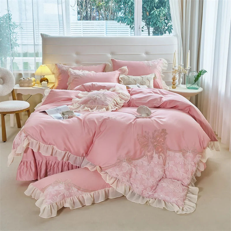 Afralia™ Pink Butterfly Embroidery Lace Princess Wedding Bedding Set