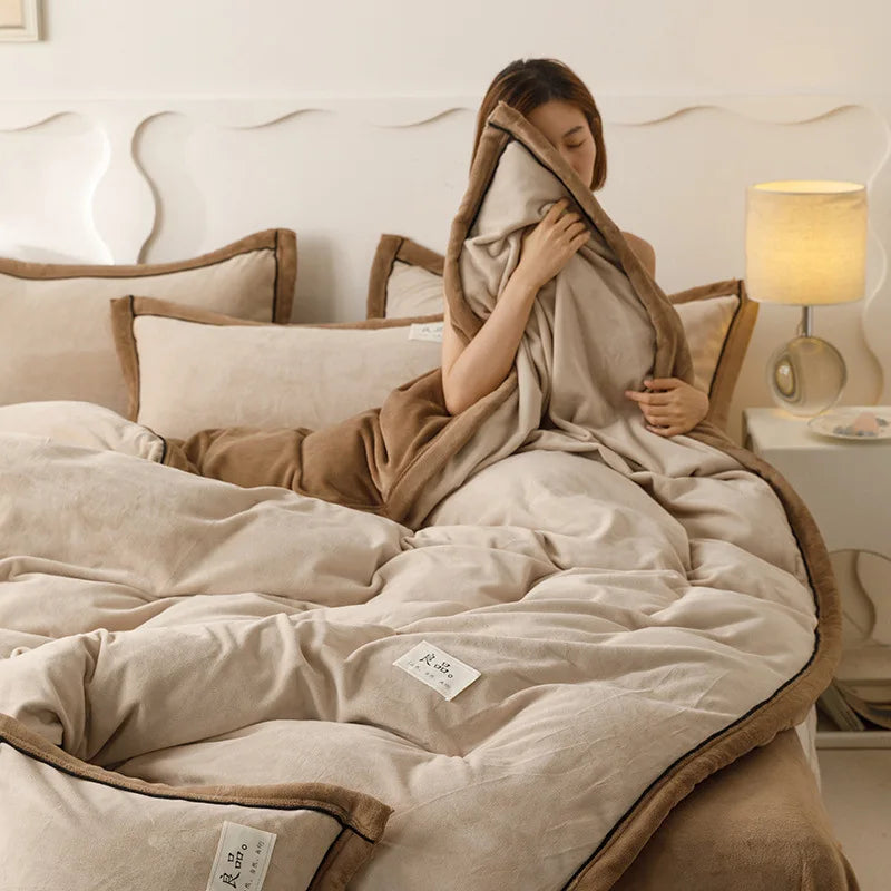 Afralia™ Winter Plush Milk Velvet Duvet Cover, Cozy Solid Warm Quilt for Adult Bedding