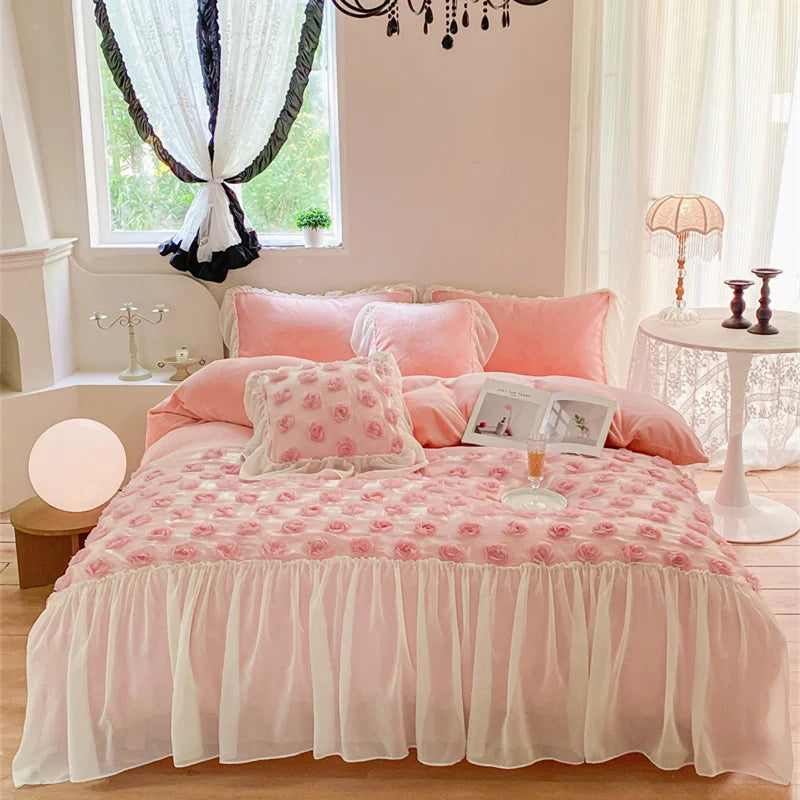 Afralia™ Velvet Rose Flowers Lace Patchwork Princess Bedding Set Queen 4Pcs 200x230cm