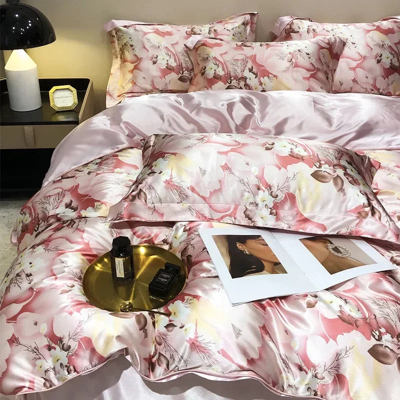 Afralia™ Satin Floral Mulberry Bedding Set with Luxury Duvet Cover & Sheets