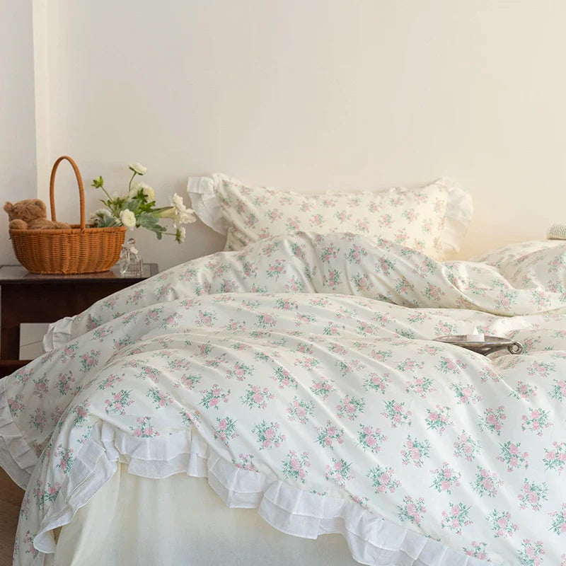 Afralia™ Floral Ruffles Bedding Set | Pure Cotton Vintage Duvet Cover & Bed Sheet