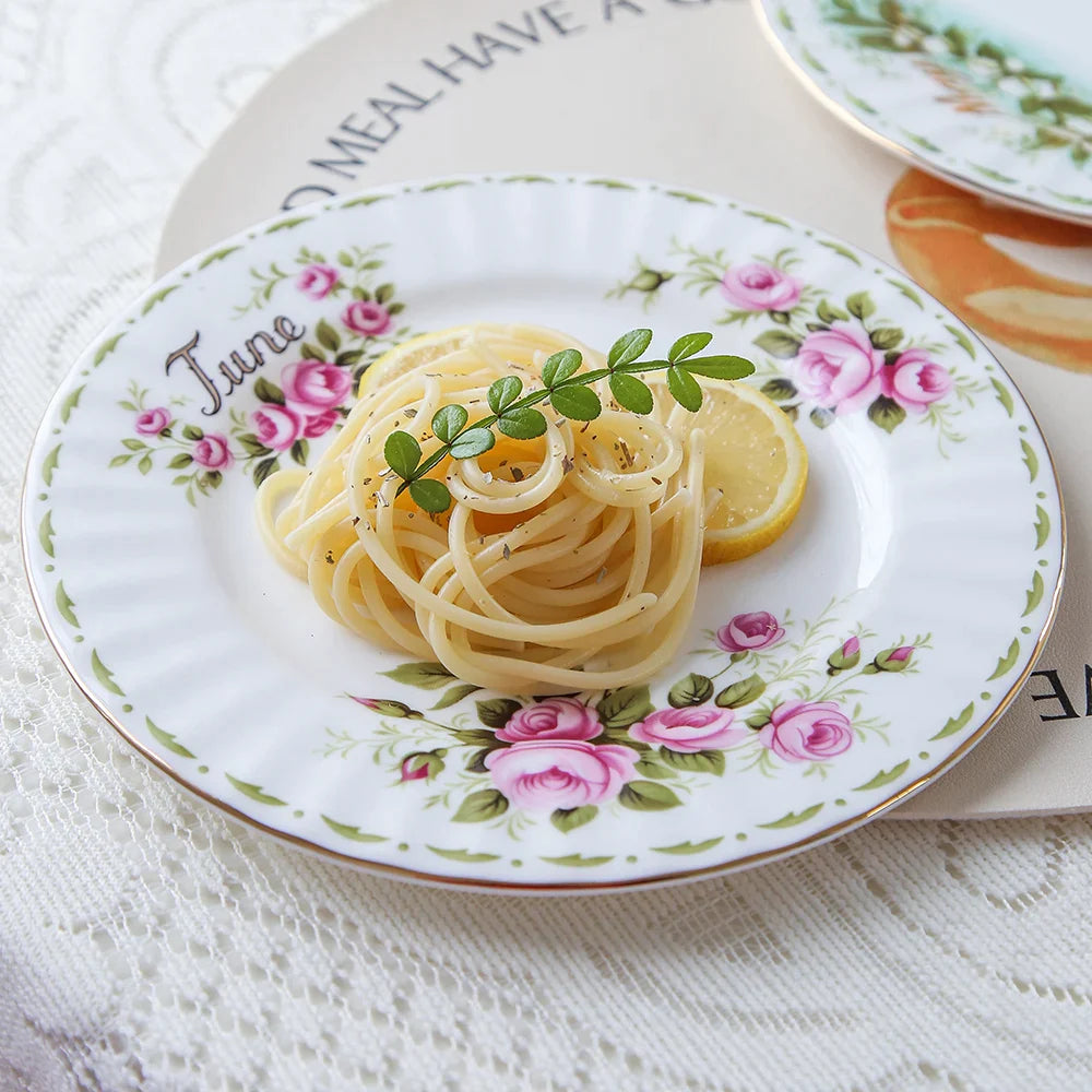 Afralia™ Vintage Flower Bone China Service Plate for Kitchen