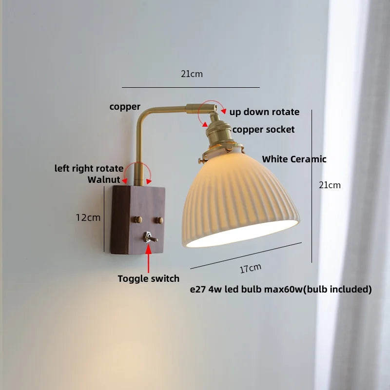 Afralia™ Ceramic LED Wall Light Fixture Reading Coffee Nordic Modern Rotatable Bedside Lamp