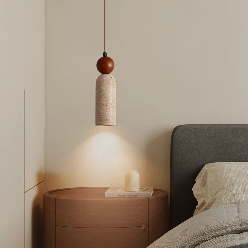 Afralia™ Stone LED Hanging Lamp Bedroom Living Room Lighting Yellow Travertine Wood Pendant