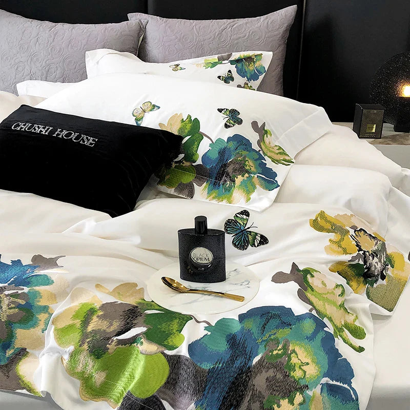 Afralia™ Luxury Egyptian Cotton Bedding Set, Flowers Embroidery, 1000TC