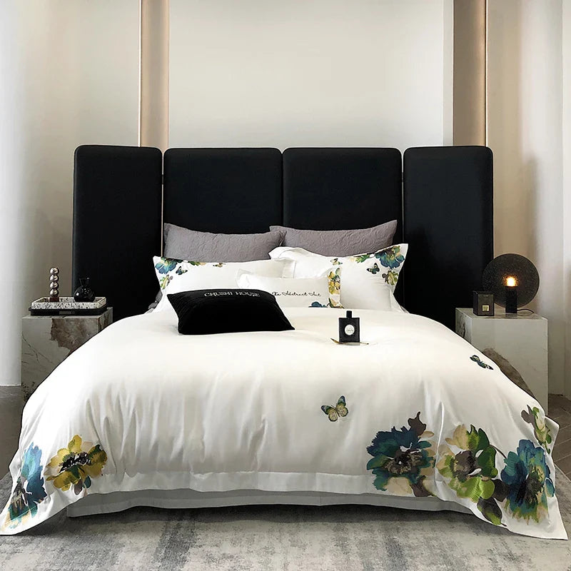 Afralia™ Luxury Egyptian Cotton Bedding Set, Flowers Embroidery, 1000TC