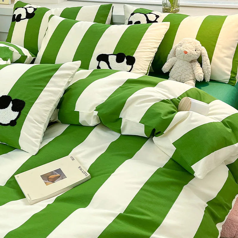 Afralia™ Cat Embroidery Stripes Bedding Set - Single Queen Size Bedclothes
