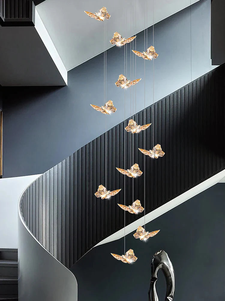 Afralia™ Butterfly Chandelier Staircase Suspended Loft Pendant Light for Living Room & Hallway