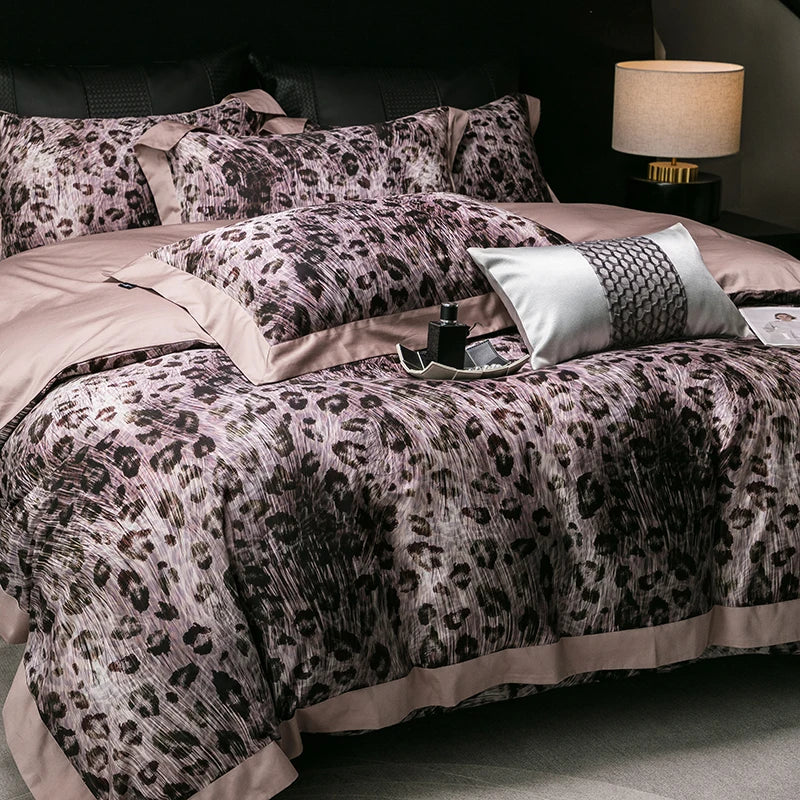 Afralia™ Feather Leopard Print Luxury 1000TC Egyptian Cotton Bedding Set