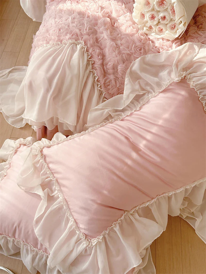 Afralia™ Pink Rose Flowers Lace Ruffles Bedding Set, Duvet Cover, Sheet, Pillowcases