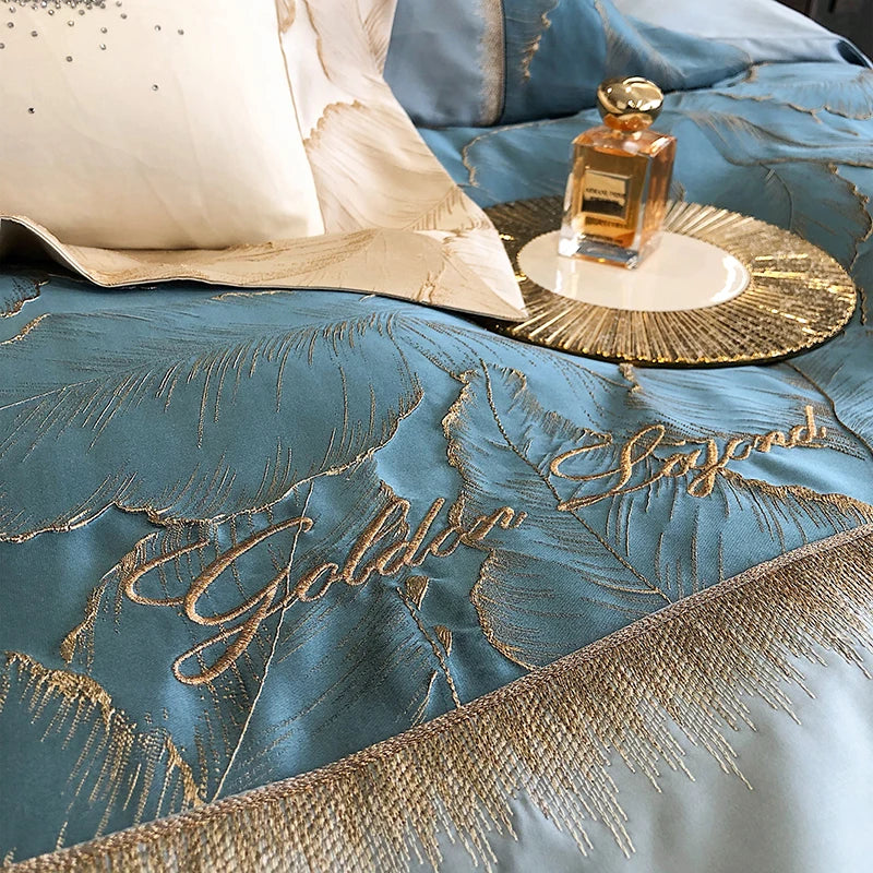 Afralia™ Luxe Gold Leaves Satin Jacquard Embroidery 1000TC Egyptian Cotton Bedding Set