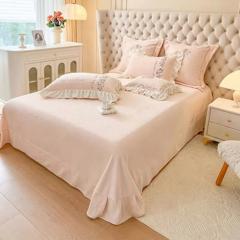 Afralia™ Pink Flowers Embroidery Princess Bedding Set - Velvet Material