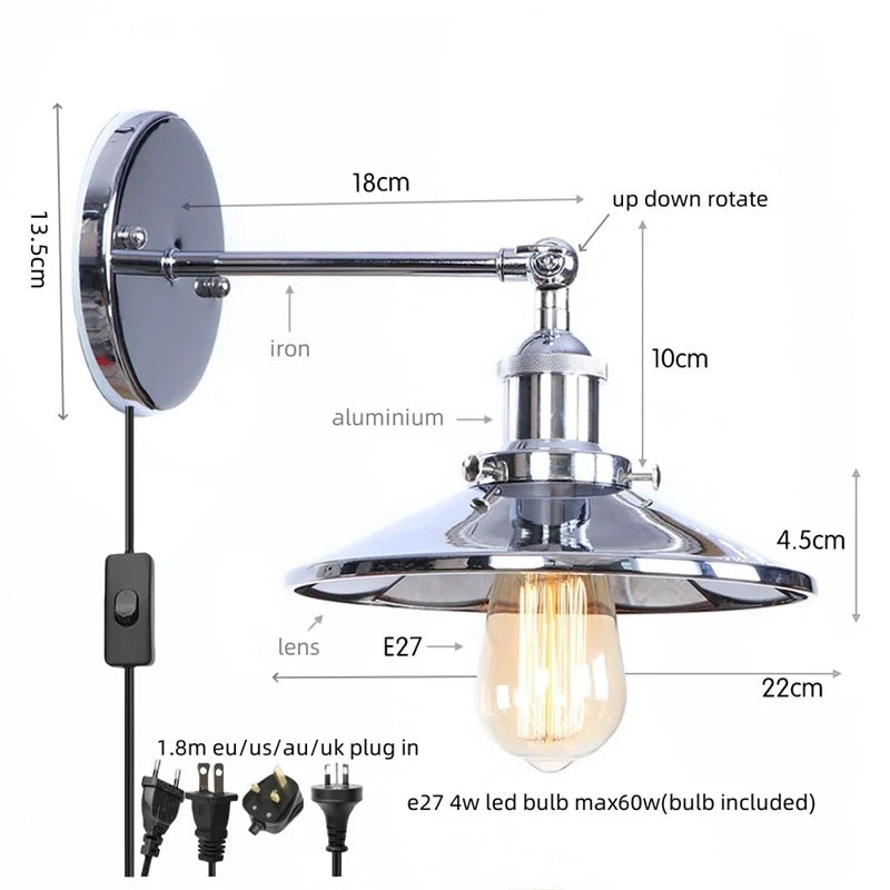 Afralia™ Vintage LED Wall Lights Pull Chain Lens Stair Aisle Bedside Lamp Iron Lightings