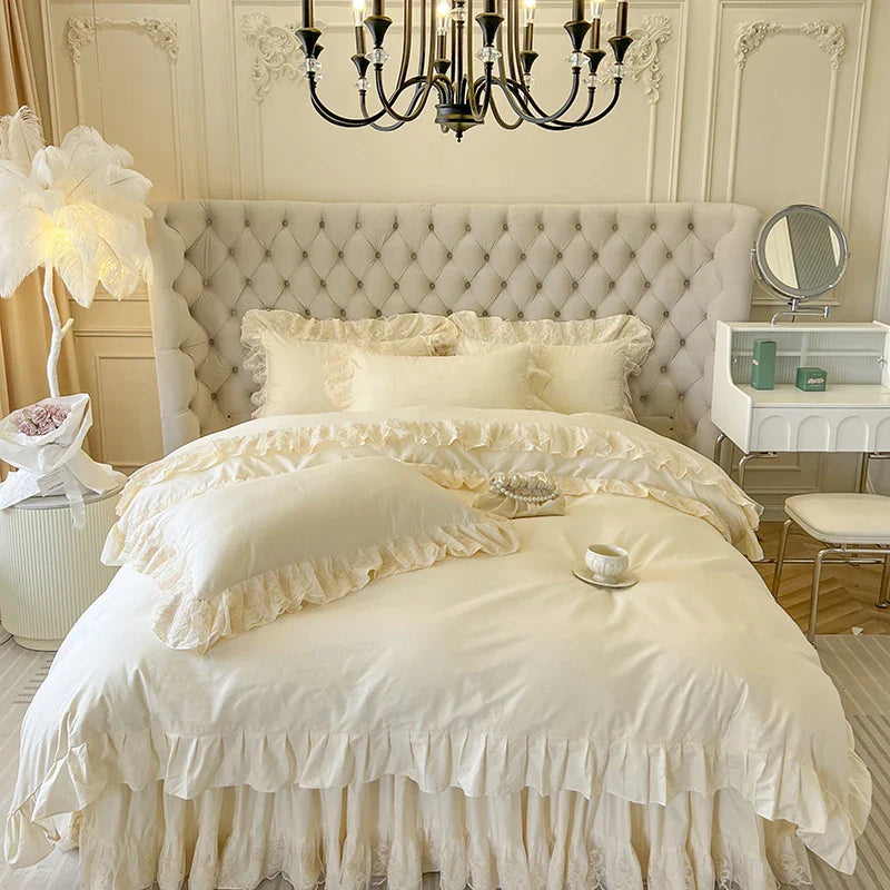 Afralia™ Korean Princess Lace Ruffles Bedding Set in Bean Paste Pink