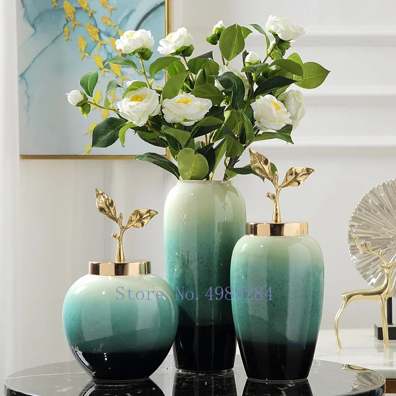 Afralia™ Gradient Ceramic Vase with Golden Leaves Cover for Modern Home Decor and Weddings