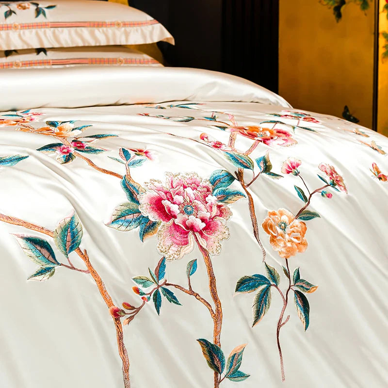 Afralia™ Peony Embroidery Luxury 1200TC Egyptian Cotton Bedding Set