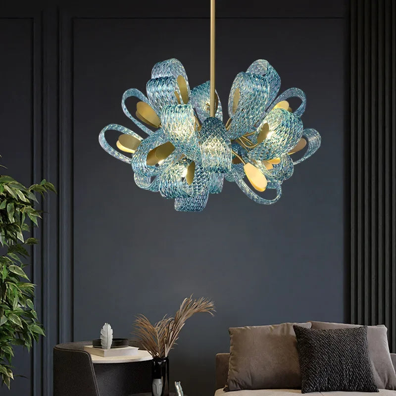Afralia™ Elegant Blue Copper LED Flower Ceiling Chandelier for Living Dining Bedroom & Salon
