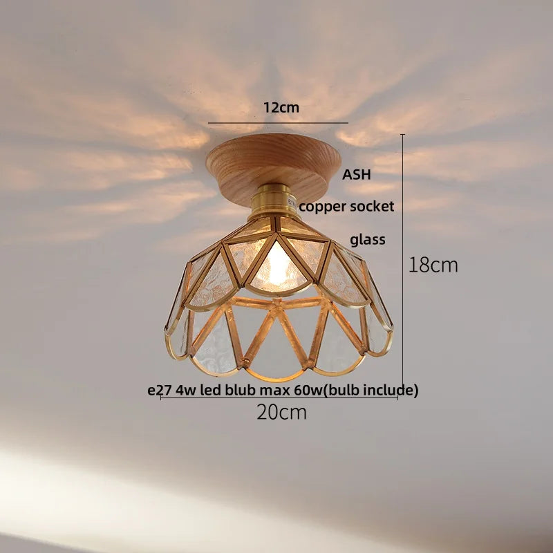 Afralia™ Tiffany Glass Copper Ceiling Lights Wood Ash LED Lamp Japan Style