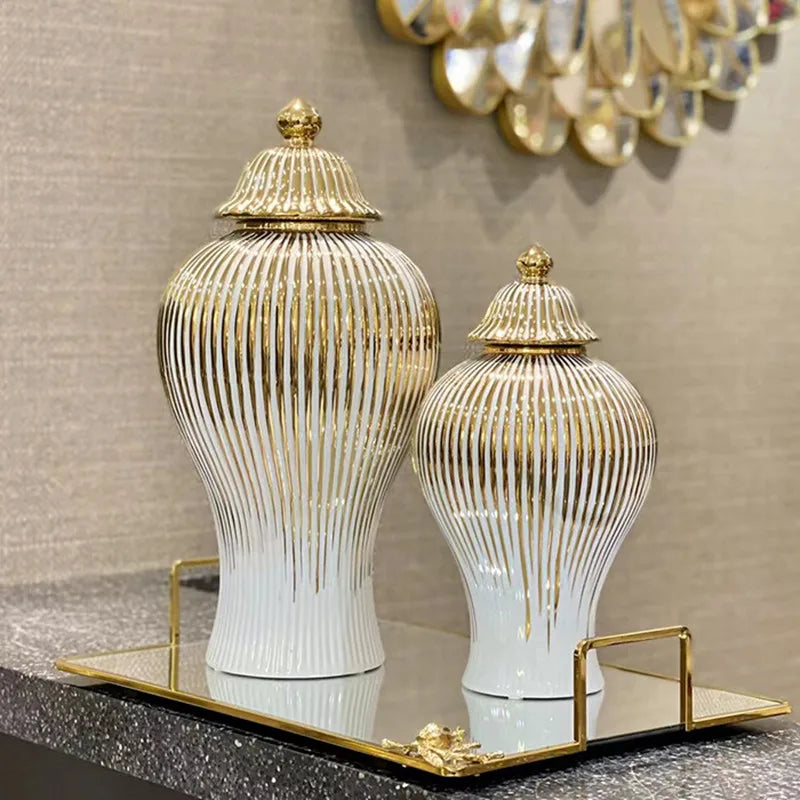 Afralia™ Gold Striped Ceramic Jar Vase Hand-made Porcelain Home Decor Storage