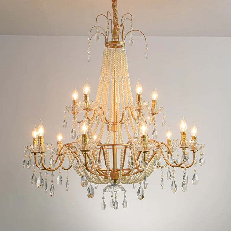Afralia™ Gold Crystal Pearl Chandelier LED Pendant Lights Luxe Living Room Decor