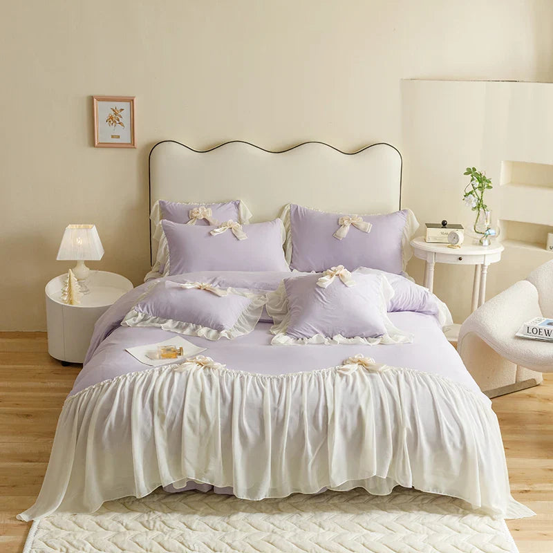 Afralia™ Sweet Lace Ruffles Flowers Bow Wedding Bedding Set - 200X230cm
