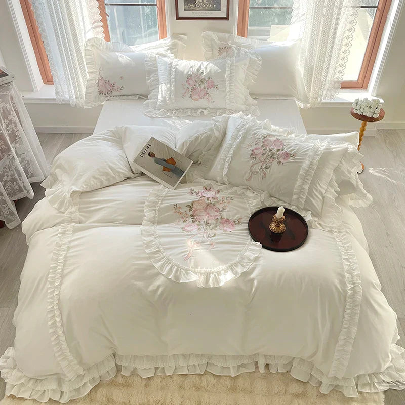 Afralia™ Vintage Rose Bouquet Embroidered Duvet Set with Ruffles & Patchwork