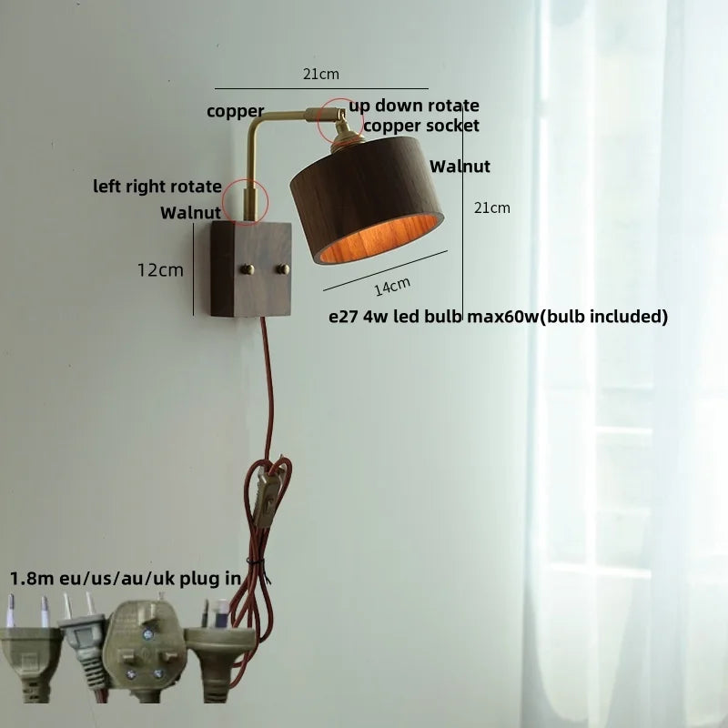 Afralia™ Walnut Wood LED Wall Sconce, Copper Toggle Switch, Vintage Loft Style