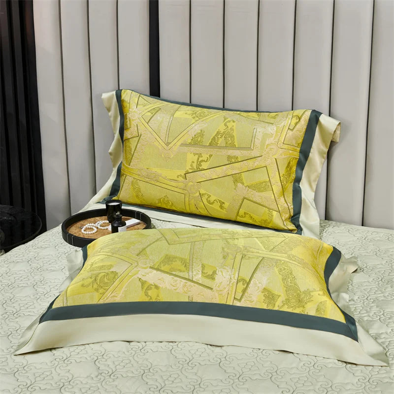 Afralia™ Luxury Jacquard Yellow Champagne Bedding Set with Satin Finish - 4-Piece