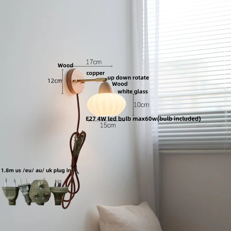 Afralia™ Wood Canopy LED Wall Lights Pull Chain Switch Amber Glass Modern Bedside Sconce