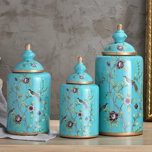 Afralia™ European Flower Bird Ceramic Storage Jar Vase Decoration Tea Coffee Beans Candy Home Decor