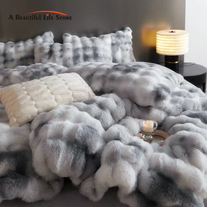 Afralia™ Gradient Blue & Grey Faux Rabbit Fur Bedding Set: Velvet Fleece Duvet, Sheets, Pillowcases