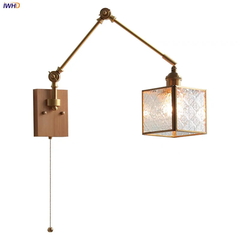 Afralia™ Ash Wood LED Swing Arm Wall Light with Pull Chain Switch & Blue Glass