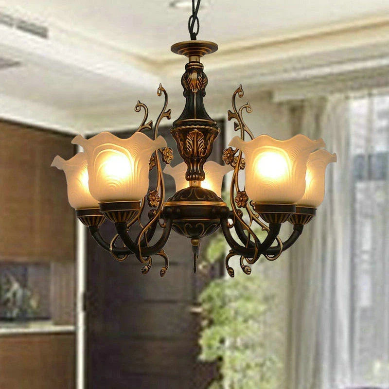 Afralia™ Vintage Iron Chandelier with Glass Lampshade Lighting Fixture