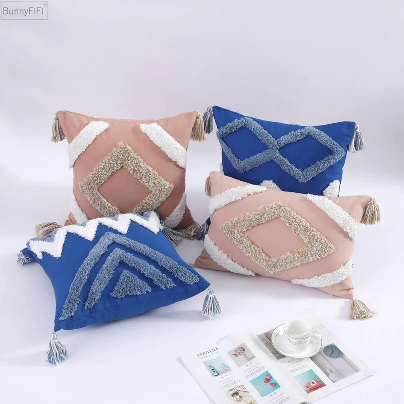 Afralia™ Boho Tufted Tassel Cushion Cover 45x45cm - Blue Pink Cotton Throw Pillow Cover