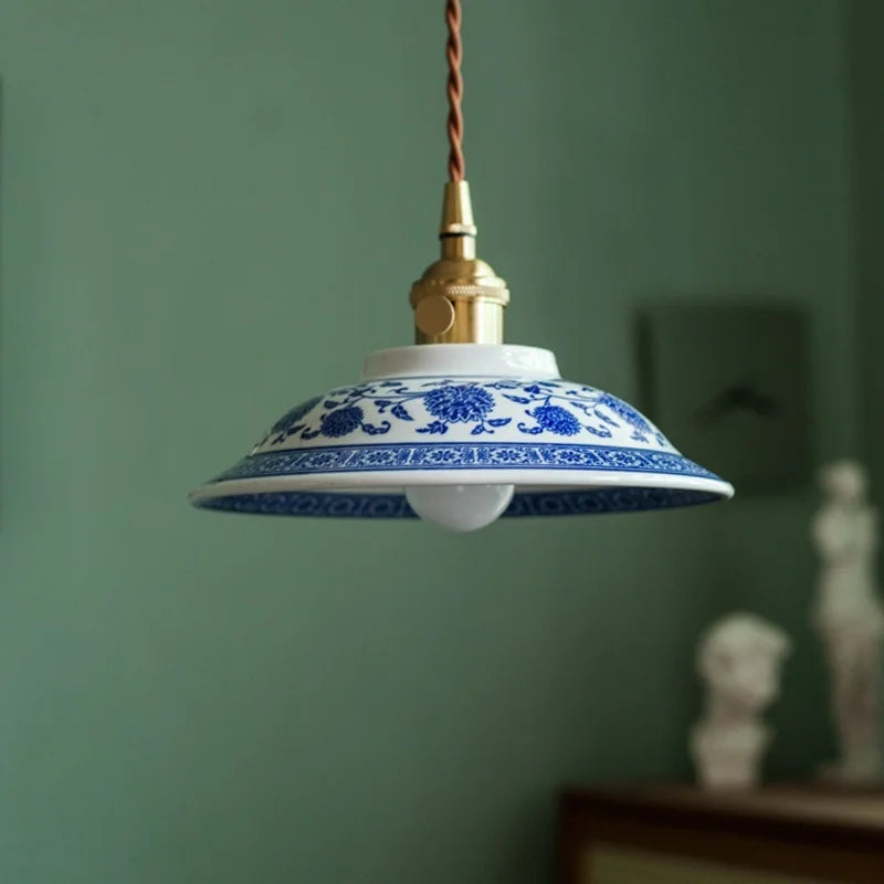 Afralia™ Patterned Ceramics LED Pendant Lights Vintage Copper Hanging Lamp