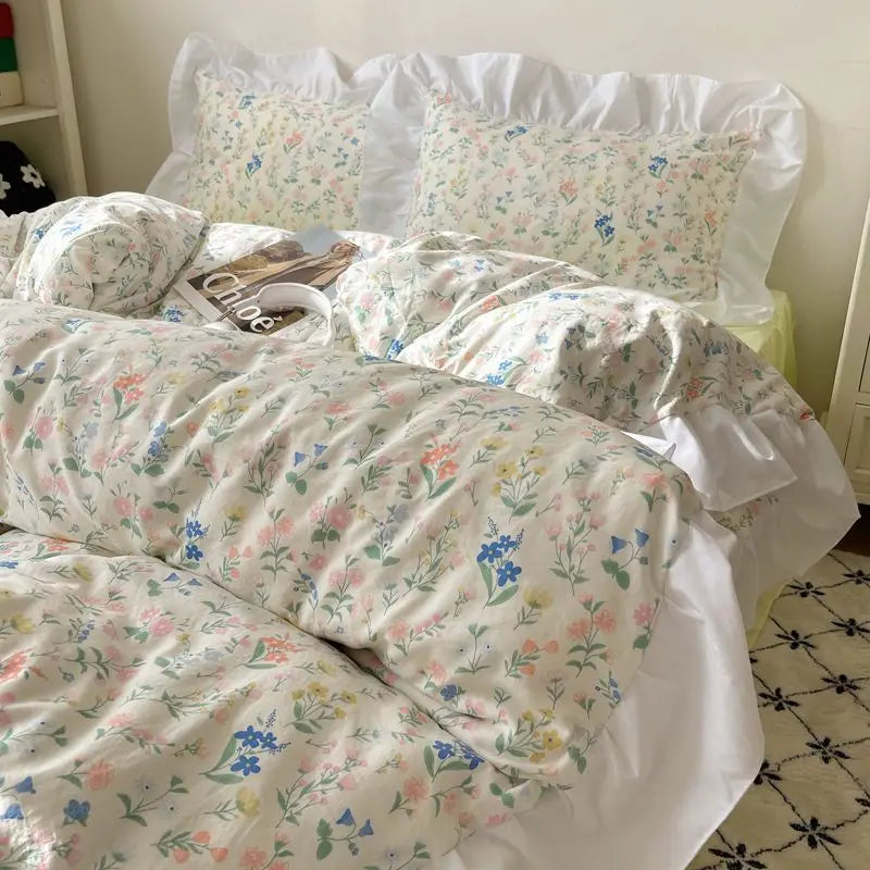 Afralia™ Romantic Floral Print Bedding Set with Lace – Gentle & Comfortable Bedclothes for Girls