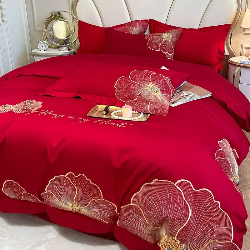 Afralia™ Embroidered Egyptian Cotton Bedding Set for King Queen RU Bed Linens