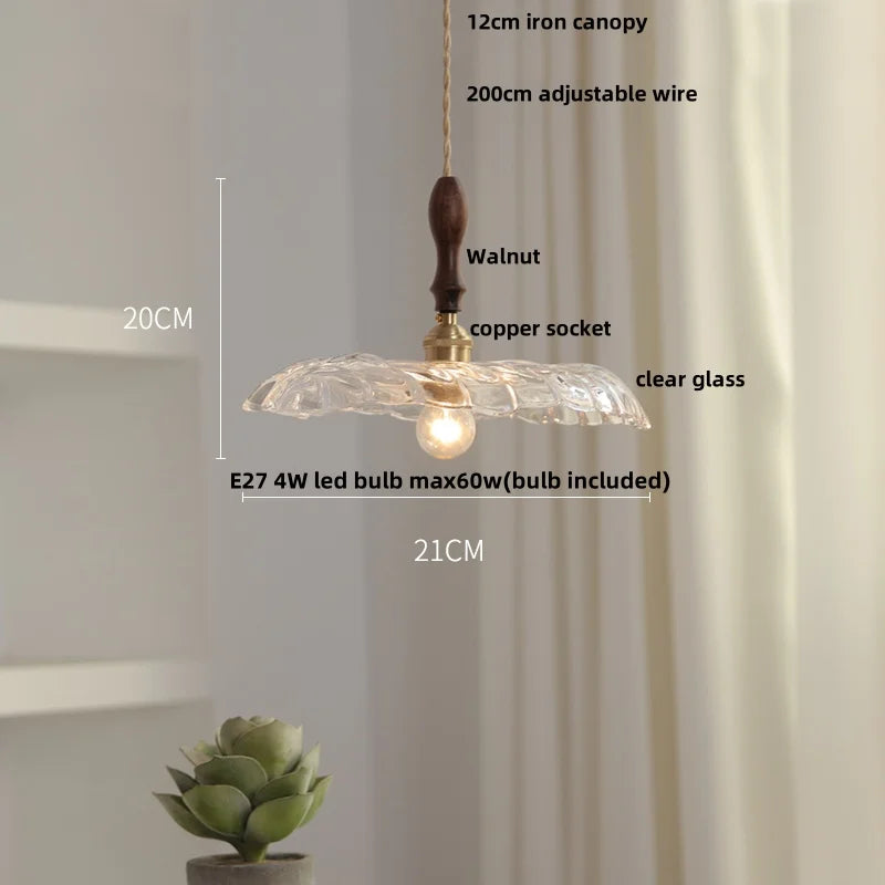 Afralia™ Nordic Walnut Wood LED Pendant Light Clear Glass Hang Lamp