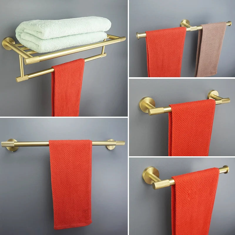 Afralia™ Brushed Gold Bathroom Set: Towel Bar, Toilet Paper Holder, Hook - Wall Mount Kit