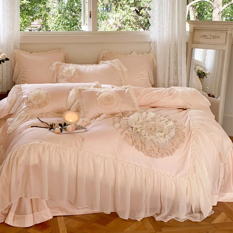 Afralia™ Luxury Wedding Embroidered Bedding Set with Handmade Flowers and Lace Edge
