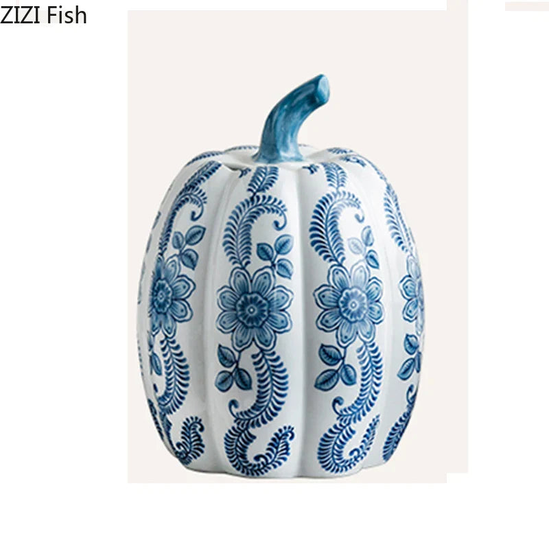 Afralia™ Blue White Porcelain Pumpkin Vase Desk Decoration Artificial Flowers Bouquet