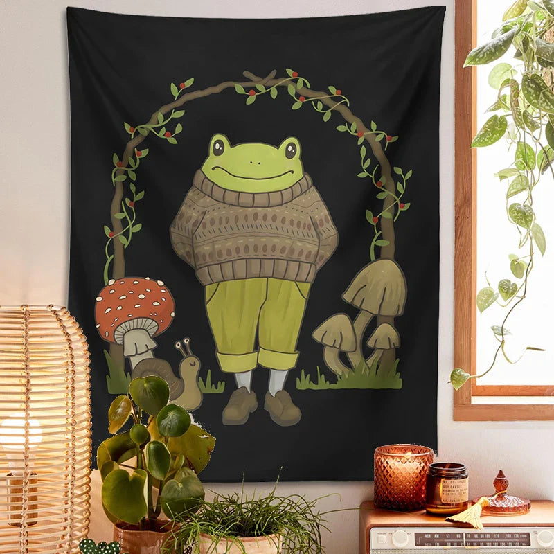 Frog Mushroom Aesthetic Tapestry Wall Hanging for Bedroom by Afralia™