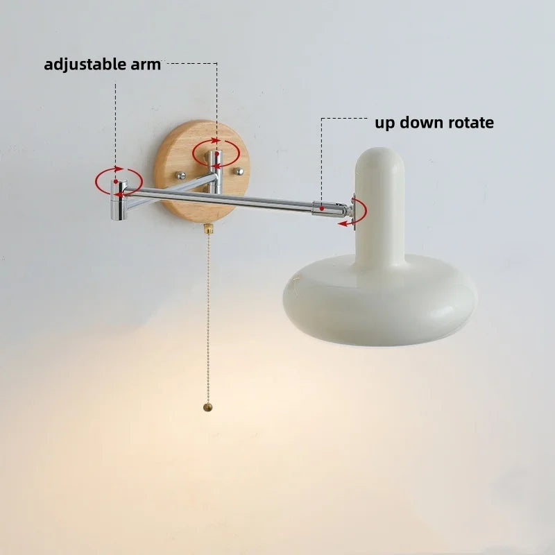 Afralia™ Rotating LED Wall Sconce with Pull Chain Switch, Wood Base Bedside Lamp