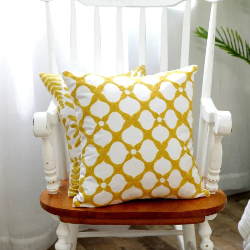 Afralia™ Yellow Geometric Floral Embroidered Canvas Cotton Pillow Cover 45x45cm