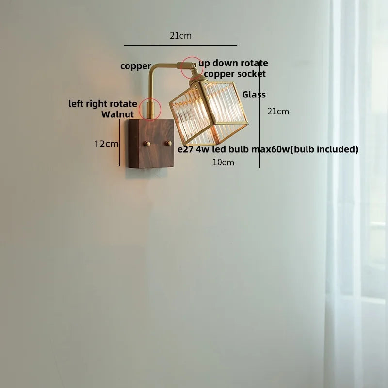 Afralia™ Walnut LED Wall Lights Pull Chain Switch Bedside Lamp Vintage Cube Glass Stair Light