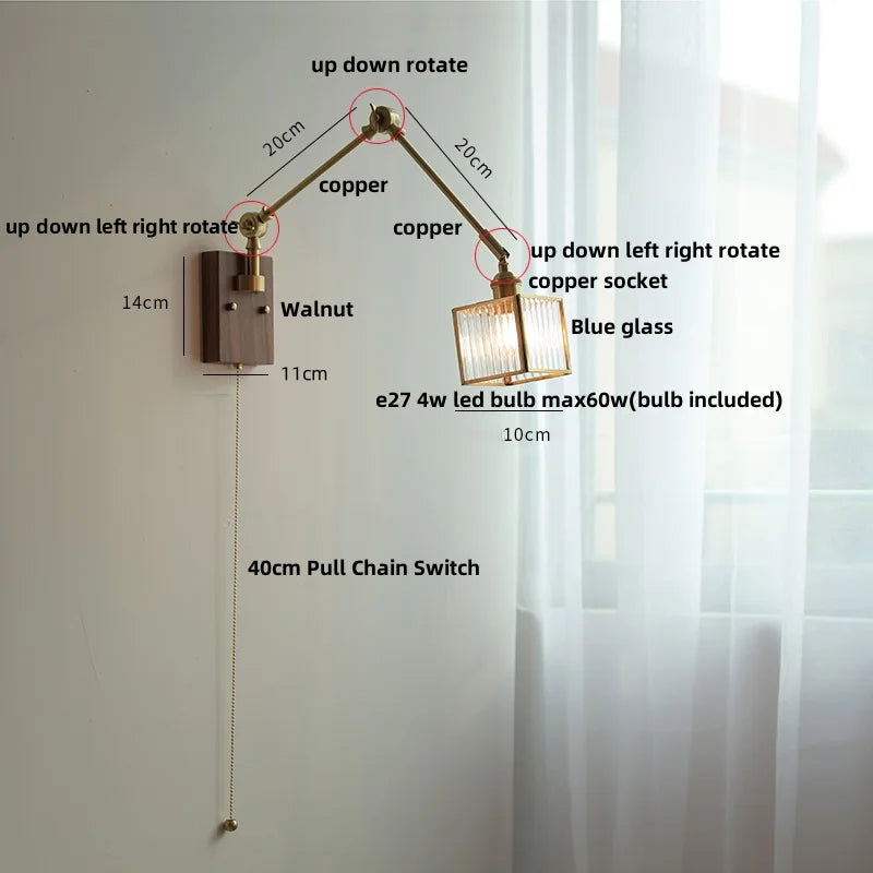 Afralia™ Ash Wood LED Swing Arm Wall Light with Pull Chain Switch & Blue Glass
