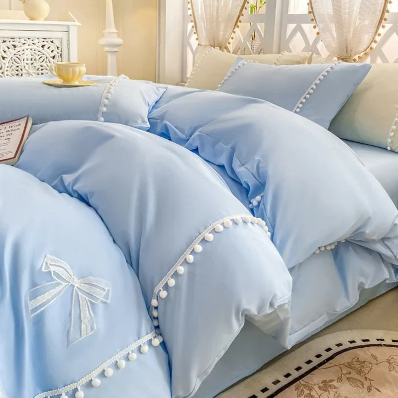 Afralia™ Pearl Lace Bowknot Princess Bedding Sets for Girl Woman Bedroom